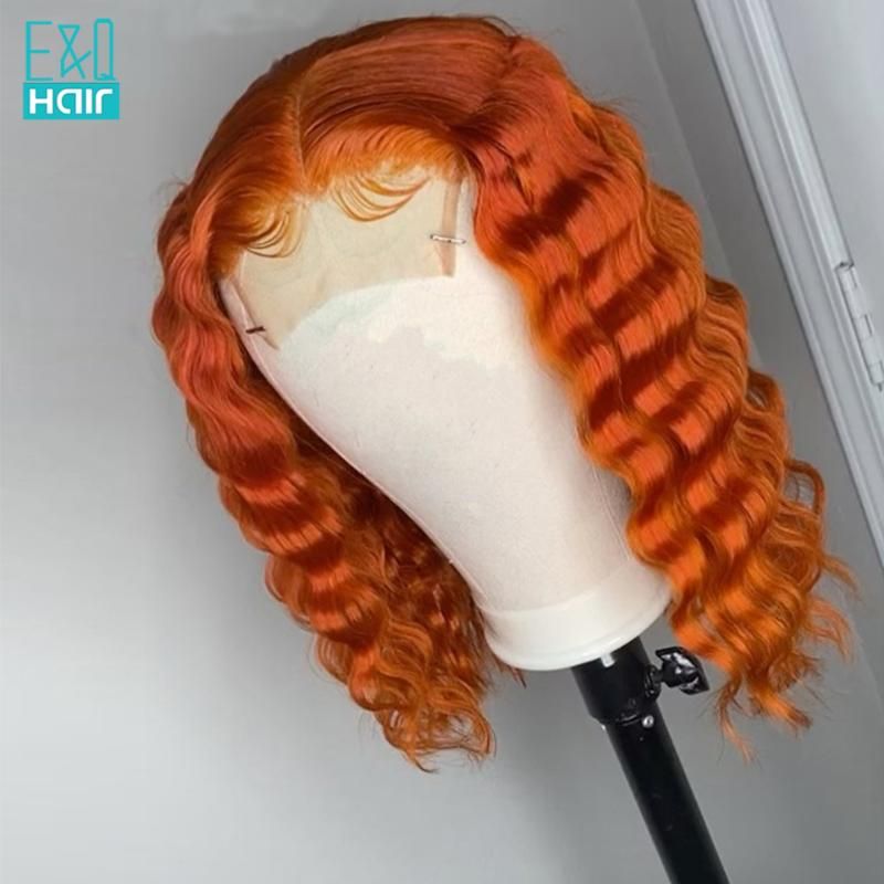Orange Color Deep Wave Part Lace Front Human Hair Wigs For Black Women  Brizalian Remy Short BOB Transparent Lace Front Wig 150%