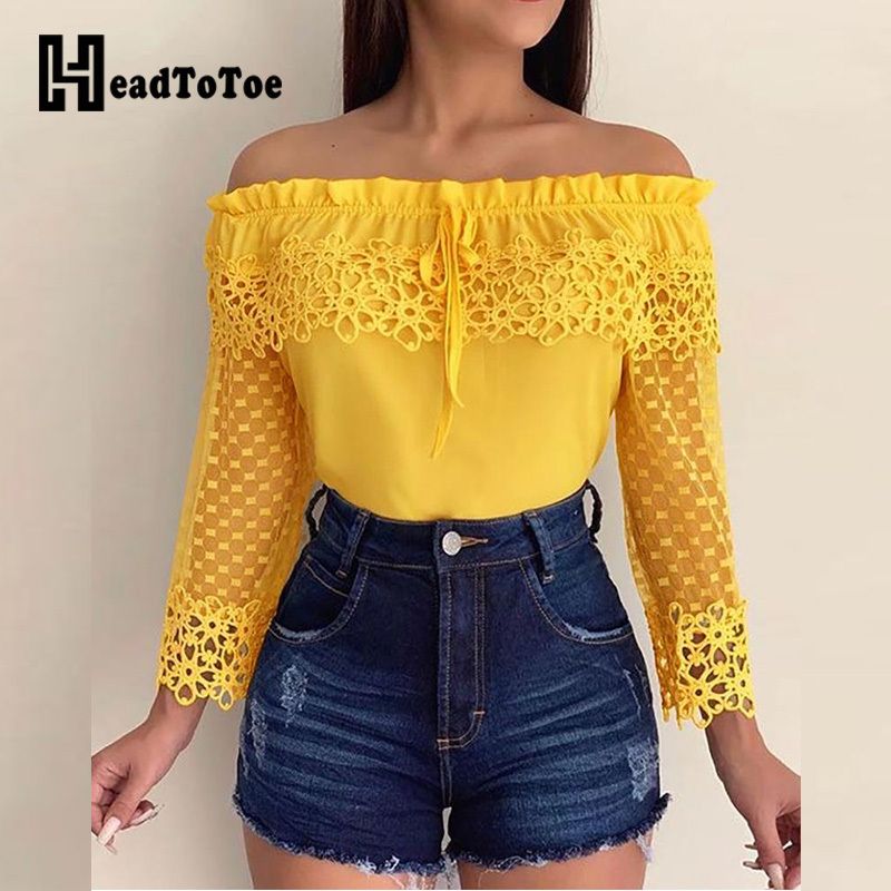 Off Hombro Crochet Encaje Blusa Casual Tops Para Mujeres Slash Manga Larga Ladies Blusas Amarillas