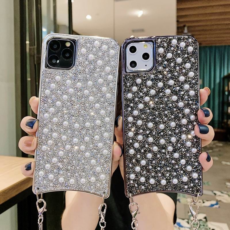 Iphone 12 Cas De Luxe Chaine De Perles Crossbody Cas De Telephone Portable Courroie De Cou