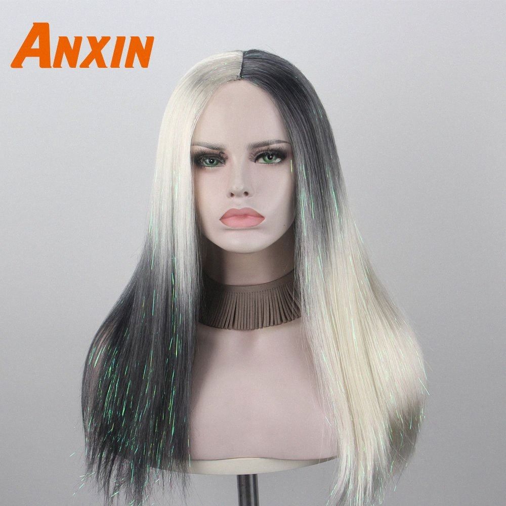 Anxin Long Straight Modern New Arrive Half Black And White Ombre Synthetic Wig Not Human Hair For Girls Cosplay Party Daily Z0go Pink Lace Wigs Wigs For Black Women From Waterwin 48 87