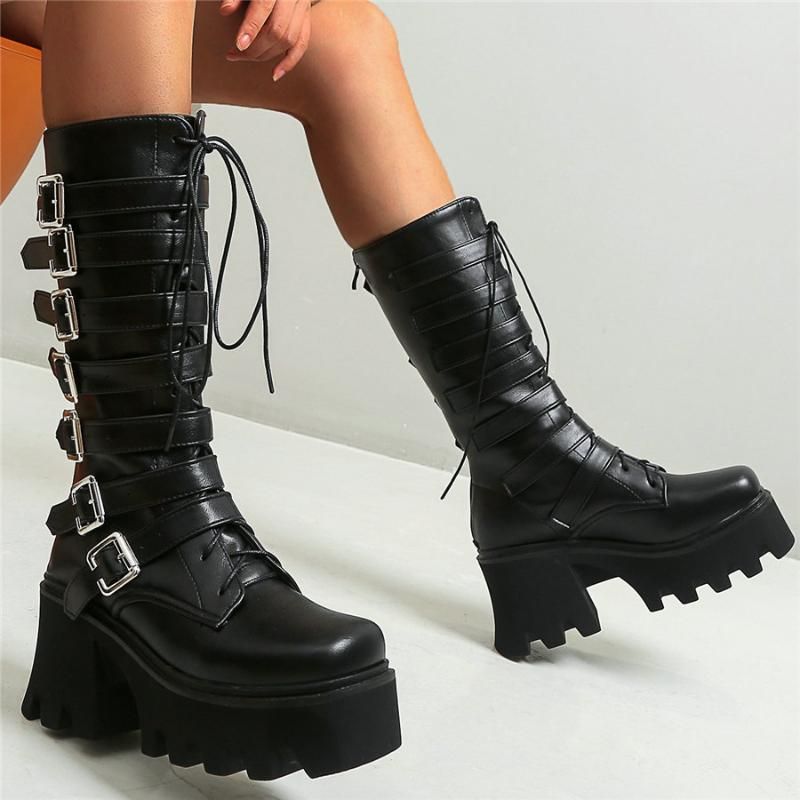 Women Platform Lace Up Creepers Round Toe Ankle Boots Fashion Riding Booties