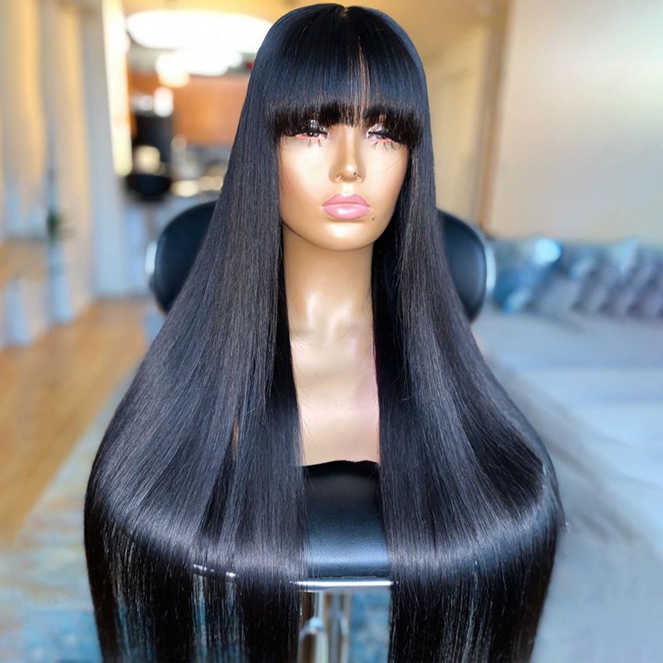 Free Shipping Brazilian 100% Real Human Hair Silky Straight With Bangs  5x5'' Silk Base Lace Front Wig 130%-180% Density in stock