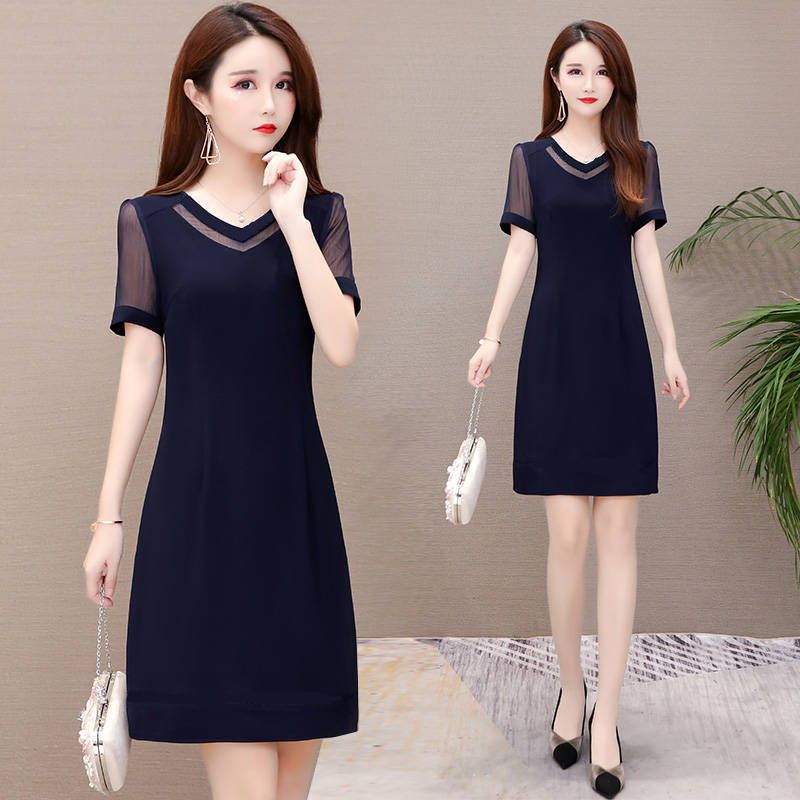 Mujer moda más tamaño vestido mangas cortas cuello en v una línea de gasa natural gasa Mujer moda más tamaño vestido mangas cortas cuello en v una línea de gasa natural gasa