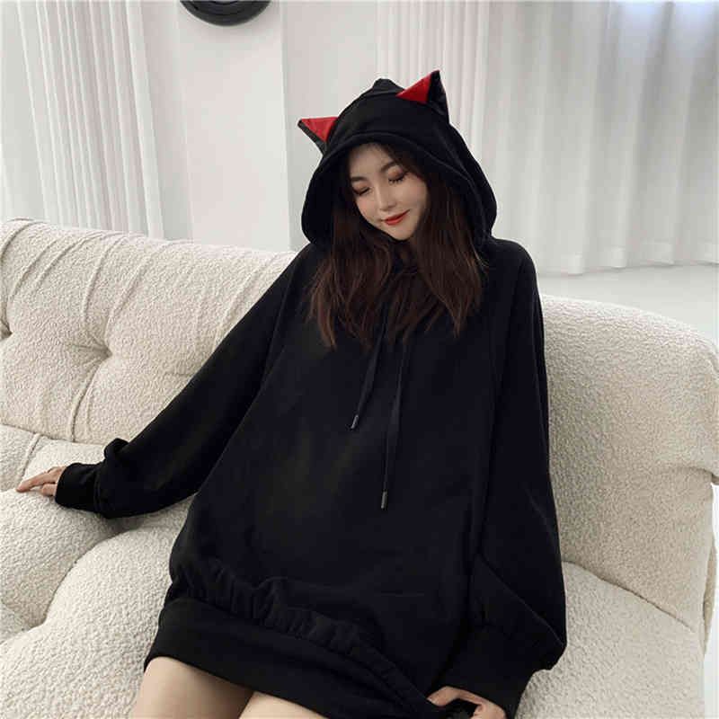 Black Hoodies Women Cat Ear Patchwork 