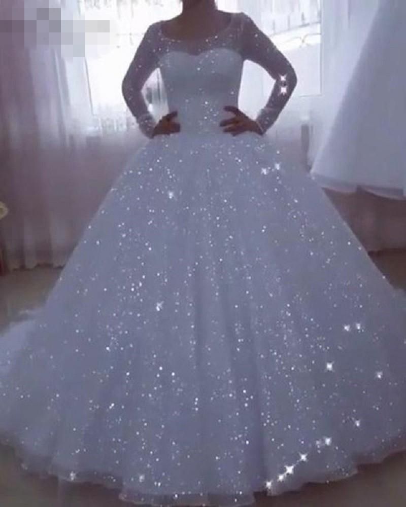 Compra Brillo Blanco Lentejuelas Bola Vestidos De Novia Manga Larga Joya  Cuello Brillante Vestigos Largos De Novia Chapel Bridal Jardín Vestido De  Novia Barato | Entrega Rápida Y Calidad | Es.Dhgate