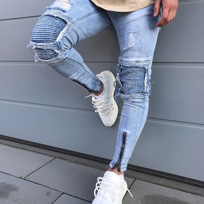 Compra Nuevo Hombre Hip Hop Romificado Jeans 2020 Agujero Destruido Skinny  Biker Jeans Zipper Decorativo Luz Azul Denim Pantalones De Mezclilla Barato  | Entrega Rápida Y Calidad | Es.Dhgate