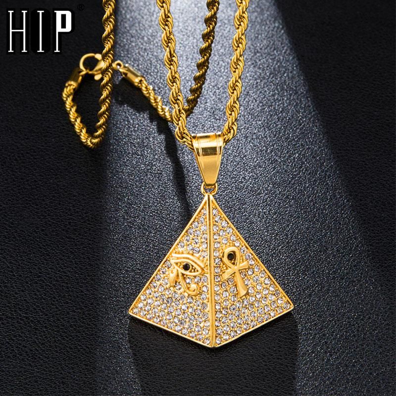 Anhänger Halsketten Hip Hop Eured Out Bling Ägyptische Pyramide Gepflasterte Rhinestoned Edelstahl Halskette Anhänger Für Männer Schmuck