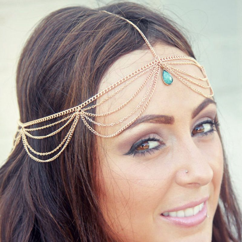 Turquoise Head Chain YOMXL Womens Bohemian Headband Bridal Boho Gold Headpiece Wedding Hair Jewelry Accessories 