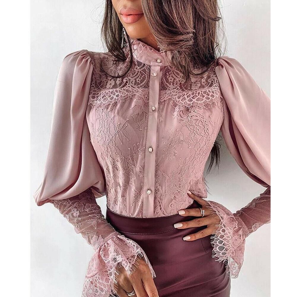 índice Sentimental acortar 2021 Moda para mujer Tops y blusas elegante camisa de encaje de manga larga  señoras Ladies Slim Bodycon Blusa Feminina Office Lady Wear Ropa