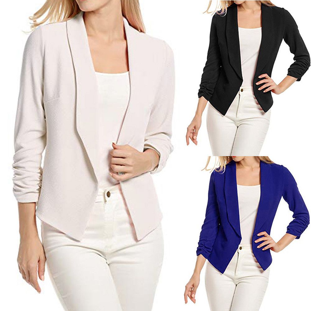 Womens Three-Quarter Sleeve Office Lapel Coat Open Front Cardigan Jacket Solid