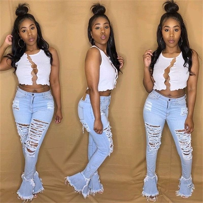 Compra Nueva Moda Moda Mujeres Jeans Agujeros Romada Tassel Ruffles Bell  Bottom Jeans Largos Alta Cintura Floja Pantalones Pantalones Pantalones  Chicas Pantalones Ins 210203 Barato | Entrega Rápida Y Calidad | Es.Dhgate