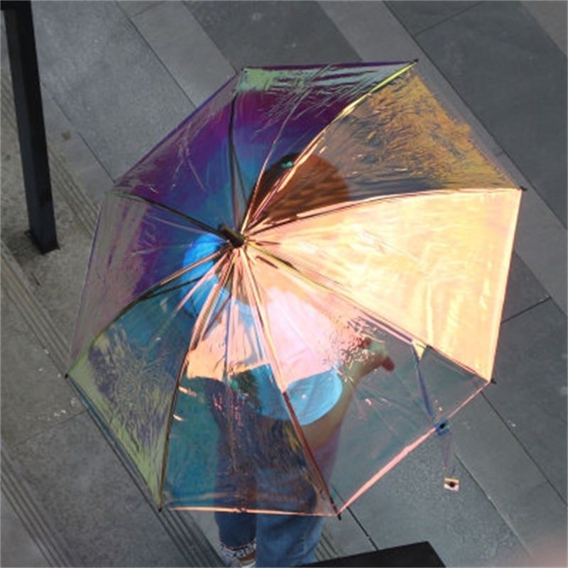 PLÁSTICO paraguas holográfico lluvia sombrilla mango largo paraguas transparente 201112