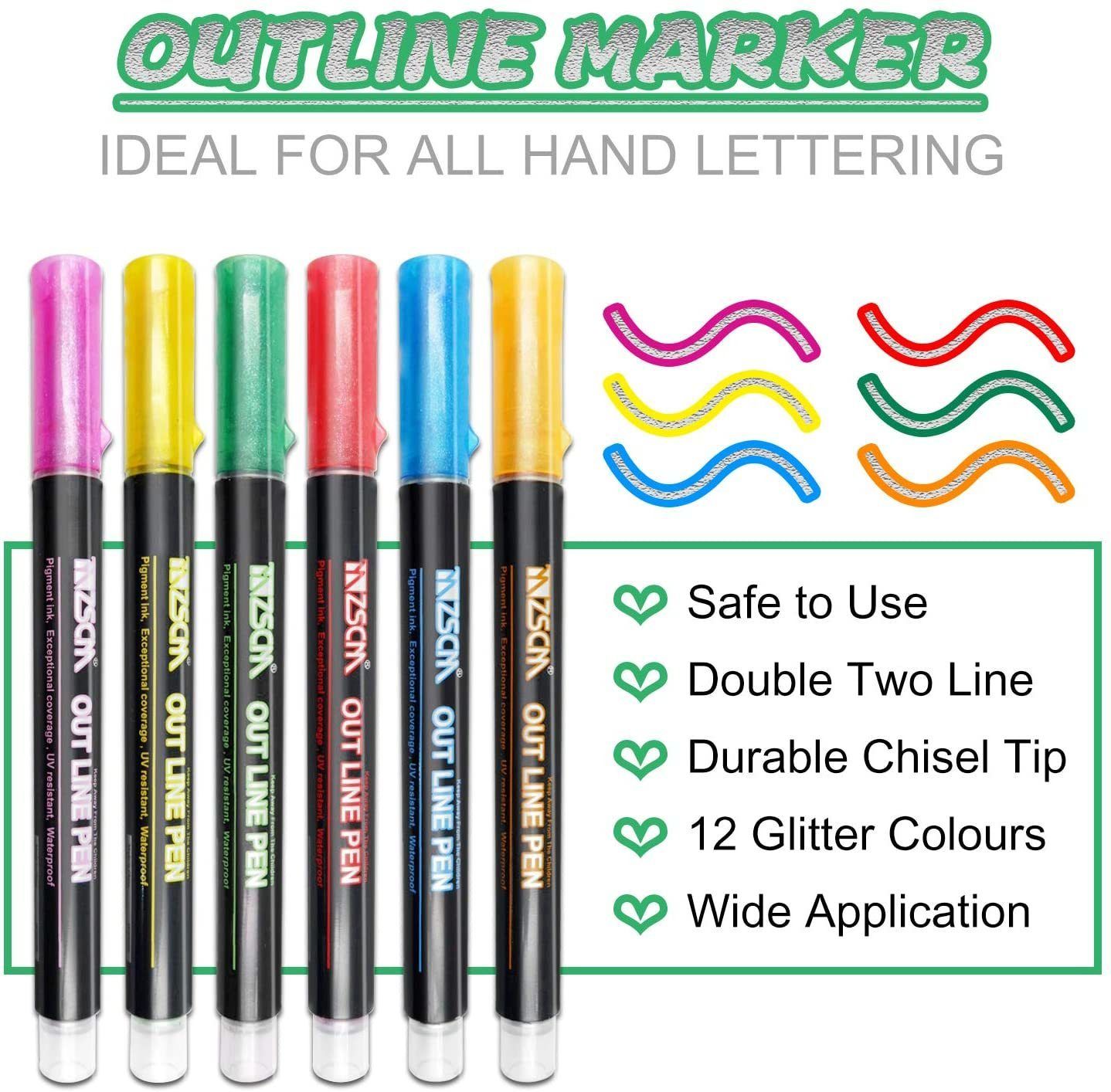 Outline Markers Pens, 20Pcs Outline Markers Pens Double Line Outline Pens  Sparkle Markers Colorful Art Pens for Writing Scrapbooking Coloring and