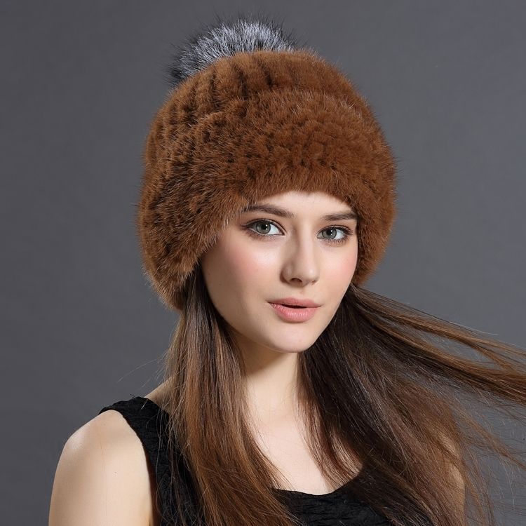 Women's Fashion Real Mink Fur Knitted Ski Hat Natural Fur Winter Cap