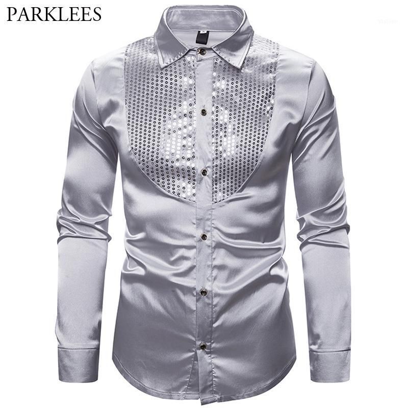 2021 Silver Shirt Mens Silk Satin Men Dress Shirt Smooth Comfortable