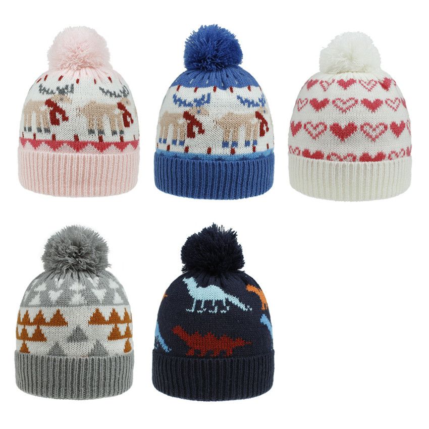 Tejer Warm Kid Crochet las gorritas Invierno elástico Caps Elk corazón Amor del dinosaurio Gorro de Tejer Warm Kid Crochet las gorritas Invierno elástico Caps Elk corazón Amor del dinosaurio Gorro de