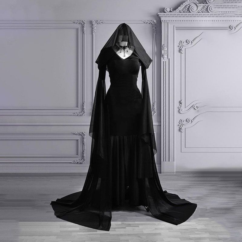 Traje gótico tren Morticia Pagan Pixie Capucha del vestido del traje del vampiro del del equipo del vestido de Halloween para adultos