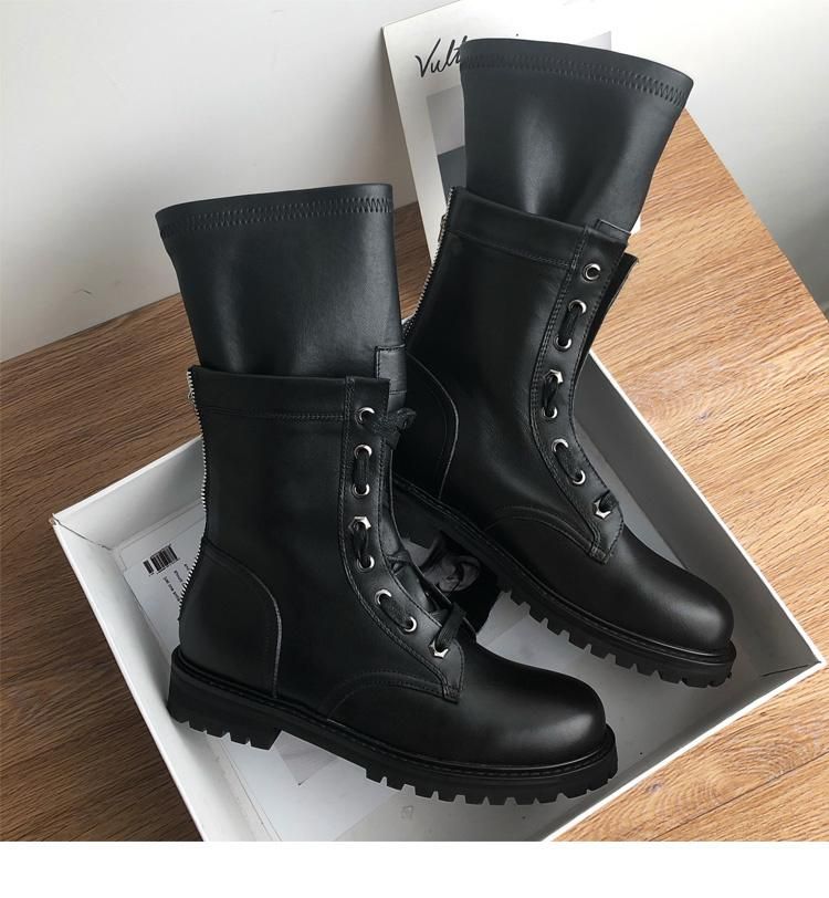 Botas Color Negro Mid-Becerro Delantero Frente Lace Mujeres Atrás Cremallera Diseño Primavera Antigumnos Botines