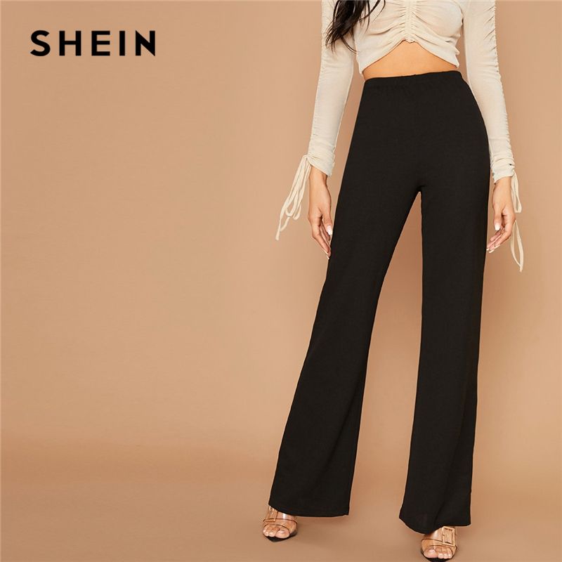 Compra SheIn Black Solid High Cintura Flare Pierna Pantalones Elegantes  Mujeres Otoño Cintura Elástica Ladies Ladies Strongy Pantalones Largos  201031 Barato | Entrega Rápida Y Calidad | Es.Dhgate