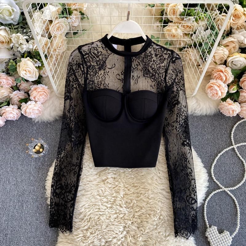 Blusas Mujer Encaje Crochet Empalme Cuello V Manga Larga Blusas Mujer Encaje Crochet Empalme Cuello V Manga Larga