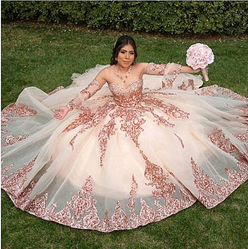 pink gold quinceanera dresses