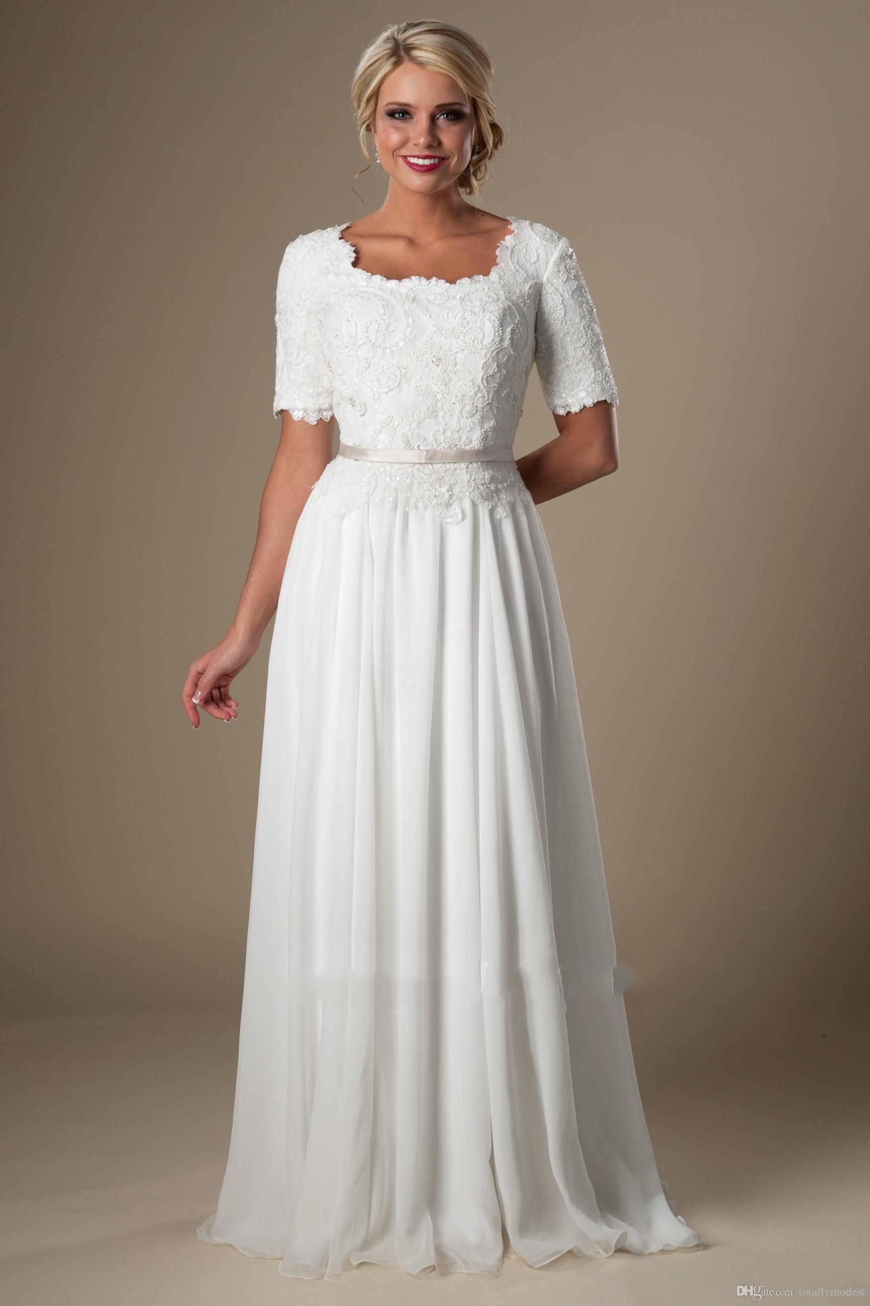 DiscountVintage Lace Chiffon Ivory Long Modest Wedding Dresses With ...