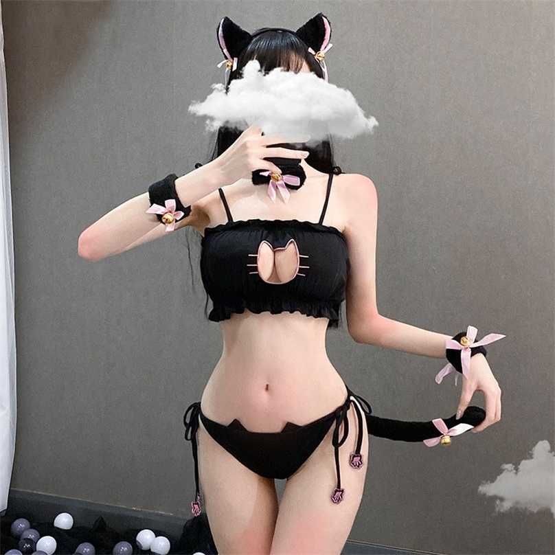 Encantador gato chica cosplay ropa interior linda lolita neko lencería conjunto bordado pecho