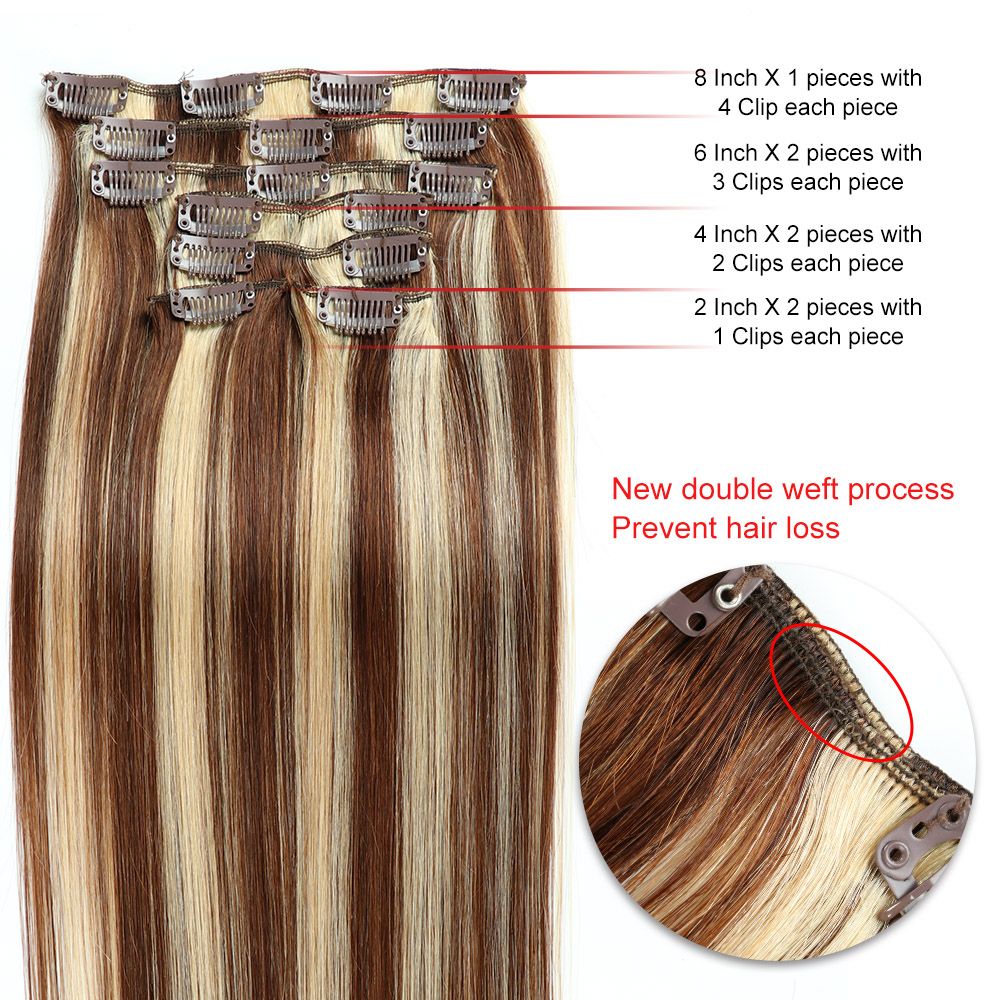 Brazilian Human Hair Clip In Hair Extensions 14-24inch 4/613# Piano Color  Straight Clip On Hair Products Double Wefts 4/613