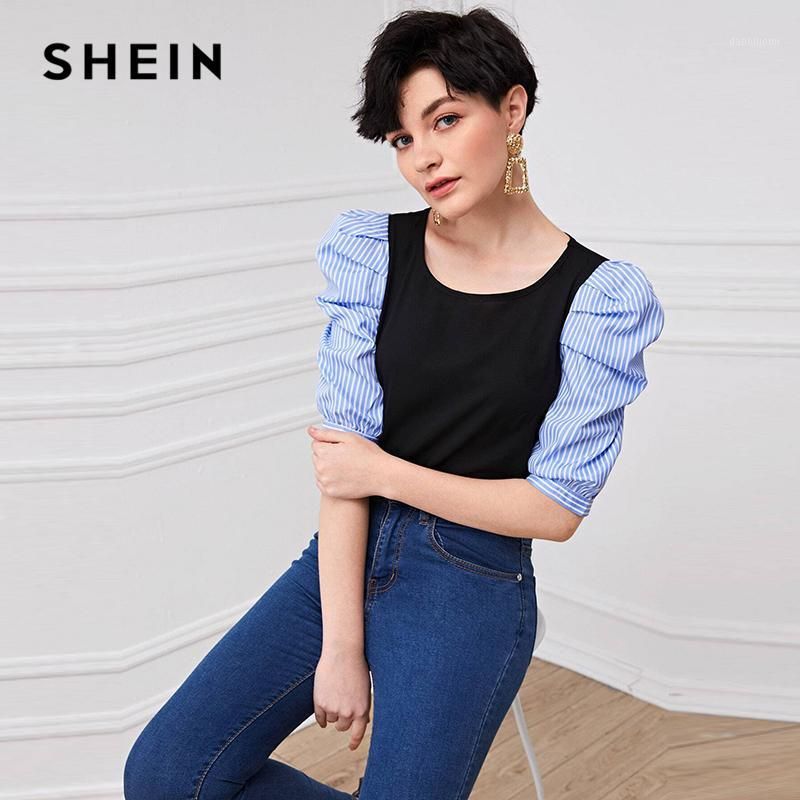 Compra SheIn Black Striped Soplo Manga Superior Cuello Redondo Blusa  Mujeres Verano ColorBlock Moda Medio Manga Oficina Damas Casuales Blusas 1  Barato | Entrega Rápida Y Calidad | Es.Dhgate