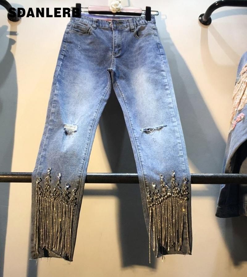 Compra Pantalones Vaqueros Para Mujer Agujeros Denim Pantalones Dama 2021  Ropa De Verano De Primavera Pesado Studded Bead Fringed Drilled High  Cintura Slim Nine Girls Barato | Entrega Rápida Y Calidad | Es.Dhgate