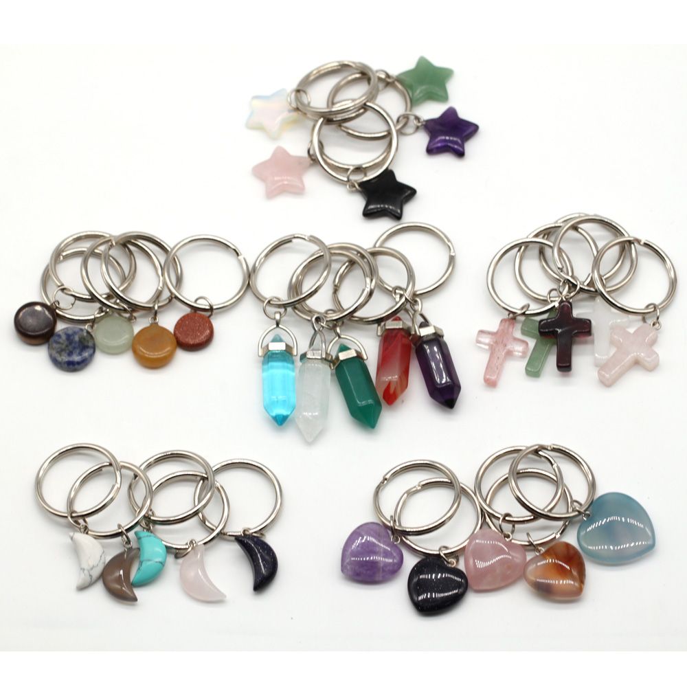 2021 Heart Bullet Gemstone Keychain Silver Plated Key Ring With Natural
