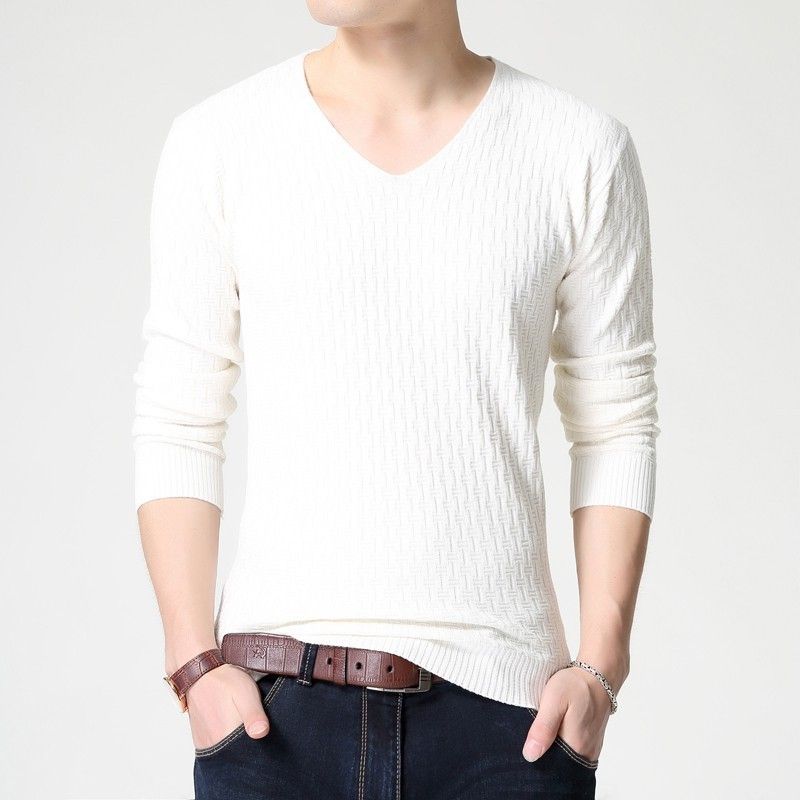 AKSR Mens Large Size V Neck Sweater Solid Color Wool Cashmere Warm