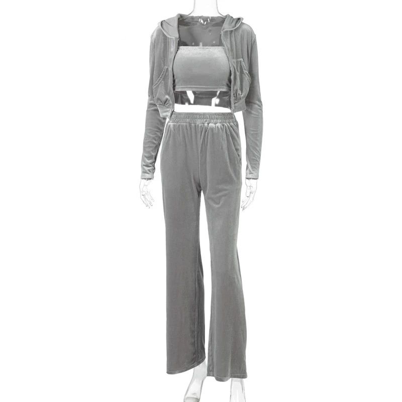 ベルベット女性3ピースセットパーカースウェットシャツジッパーチューブクロップトップハイウエストワイドレッグパンツトラックスーツスポーティカジュアルアウトフィット8038142を￥4,225  | DHgate