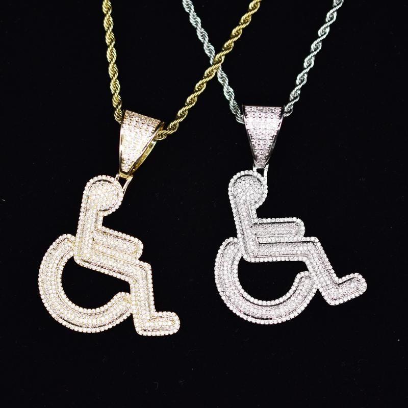 Wholesale Iced Out Disabled Wheelchair Logo Pendant Necklace Gold Silver Color Bling CZ Crystal