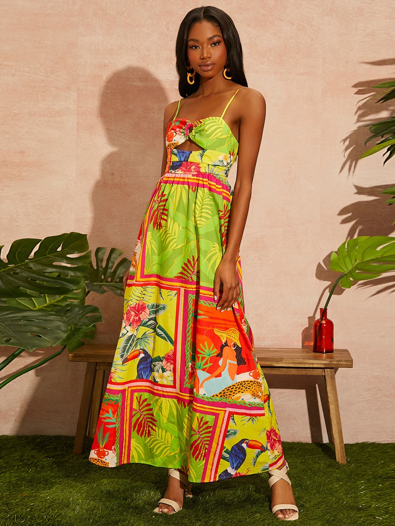 Tropical Print Backless Cami Dress W6yg 