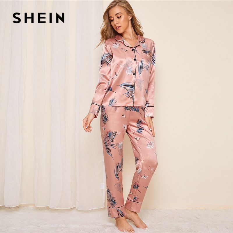 Compra Shein Rosa De La Grúa Y La Hoja De La Impresión Ocasional De Raso  Conjunto De Pijama Otoño Las Mujeres De Manga Corta Del Bolsillo De La Ropa  De Noche Largos