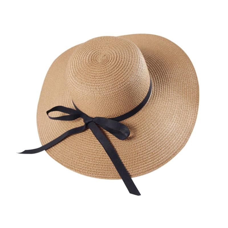 OUYAWEI Summer Women Straw Sun Hat Breathable Wide Brim Beach Floppy Hat 
