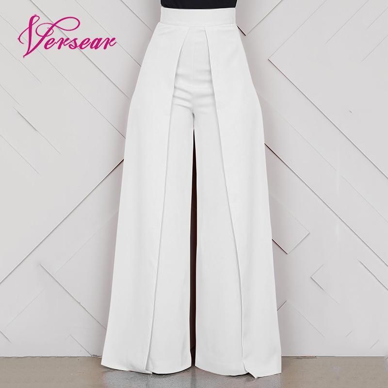 Versar Cintura para mujer Fashion White Office Office Baggy Cremallera ancho Pantalones