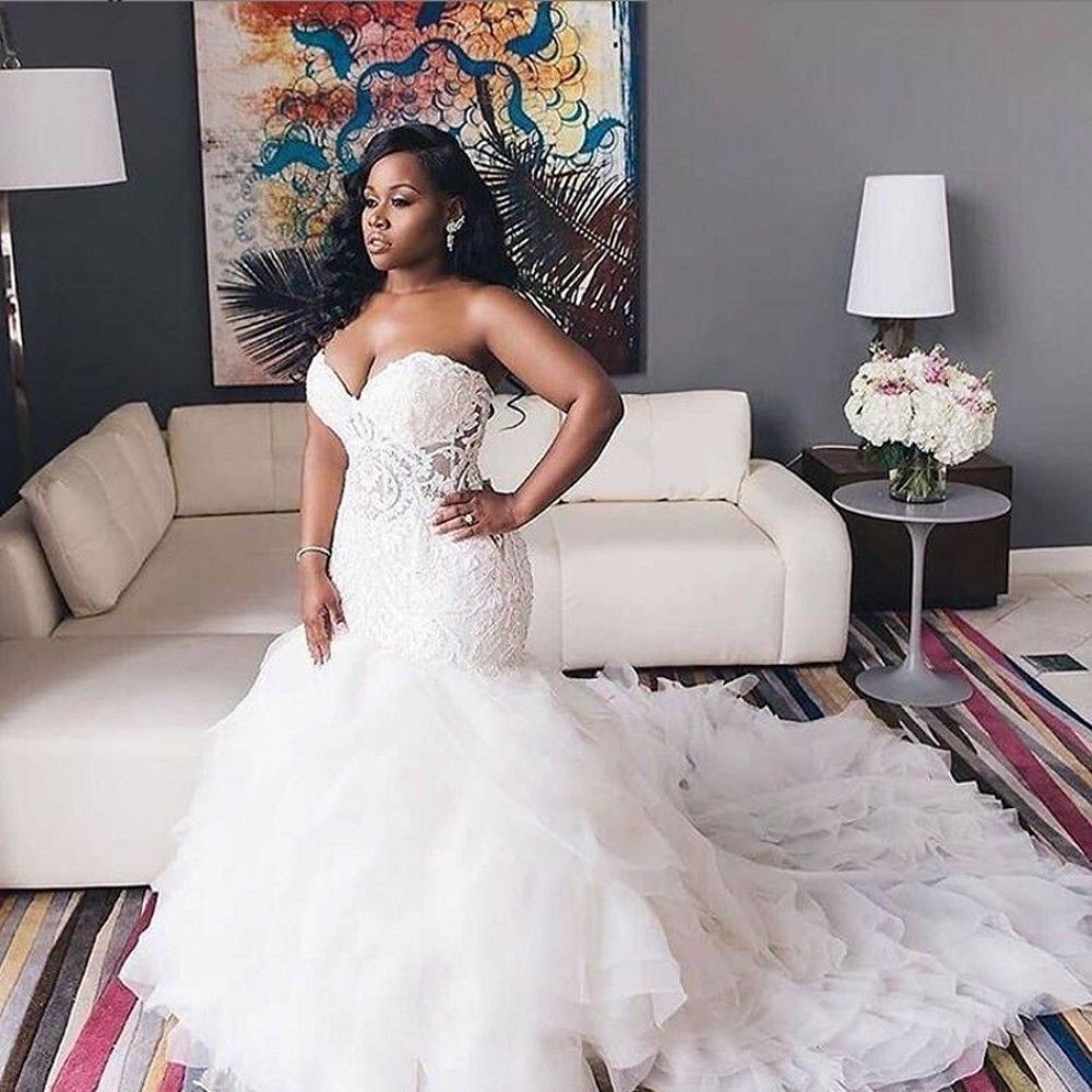 Modest Plus Size Off Shoulder Trumpet Bridal Gowns on Stylevore