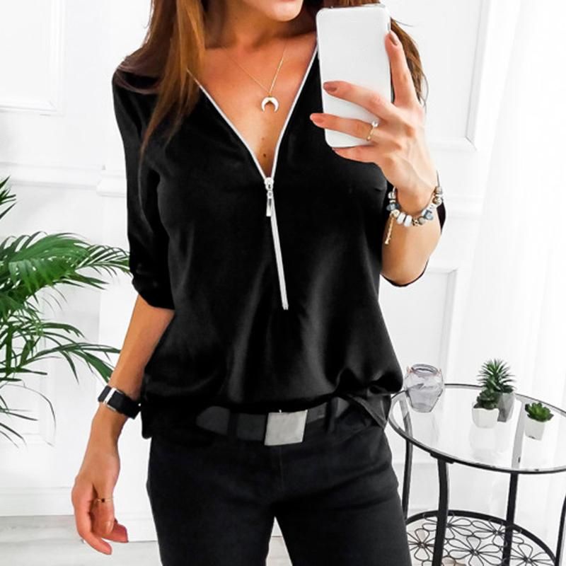 Nueva Primavera Otoño Mujer Camisa Casual Cremallera Blusa S Nueva Primavera Otoño Mujer Camisa Casual Cremallera Blusa S