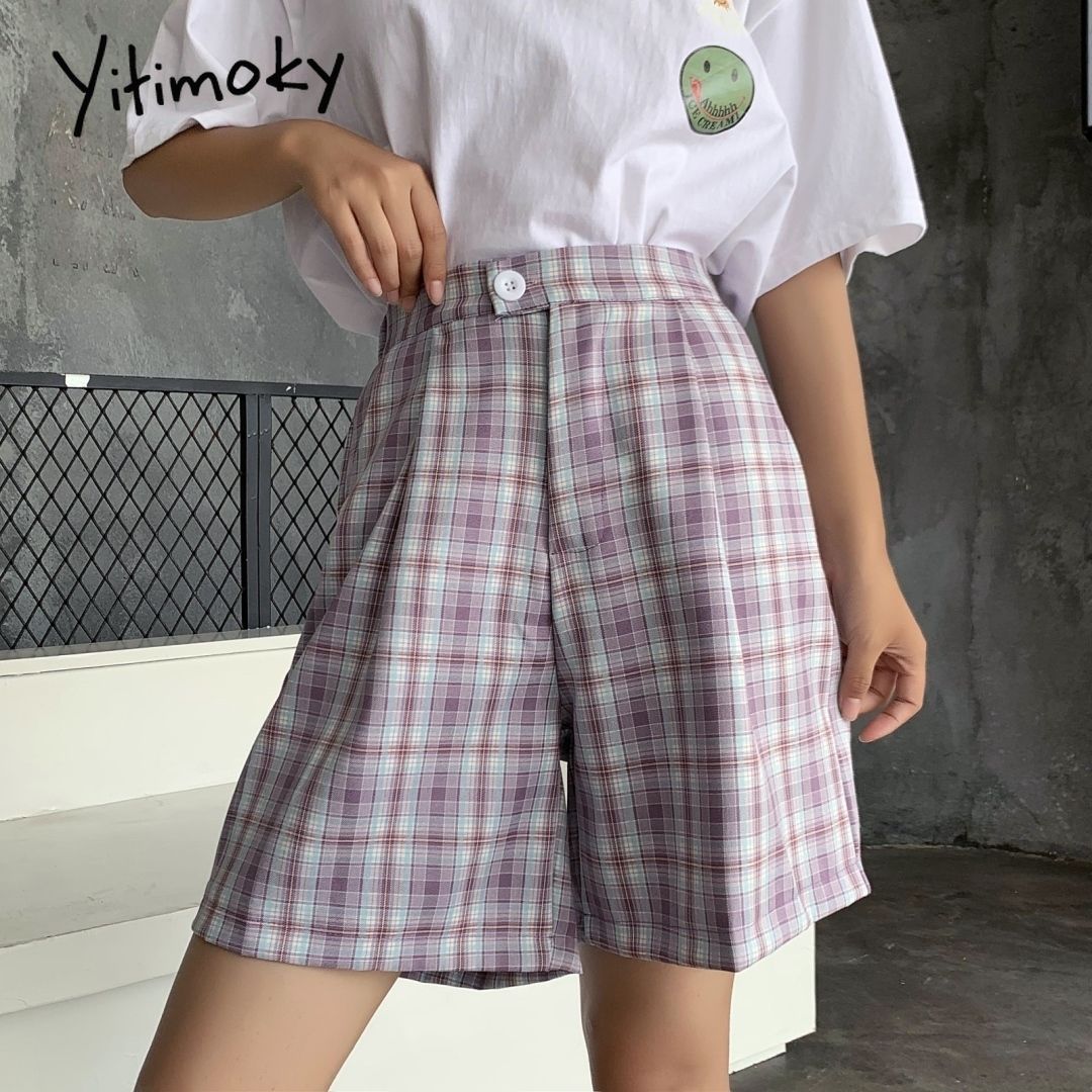 Bermuda Shorts Women Vintage Plaid High 