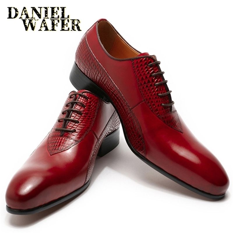 Hombres de Oxford para hombre zapatos de vestir de cuero italiano rojo negro pulido