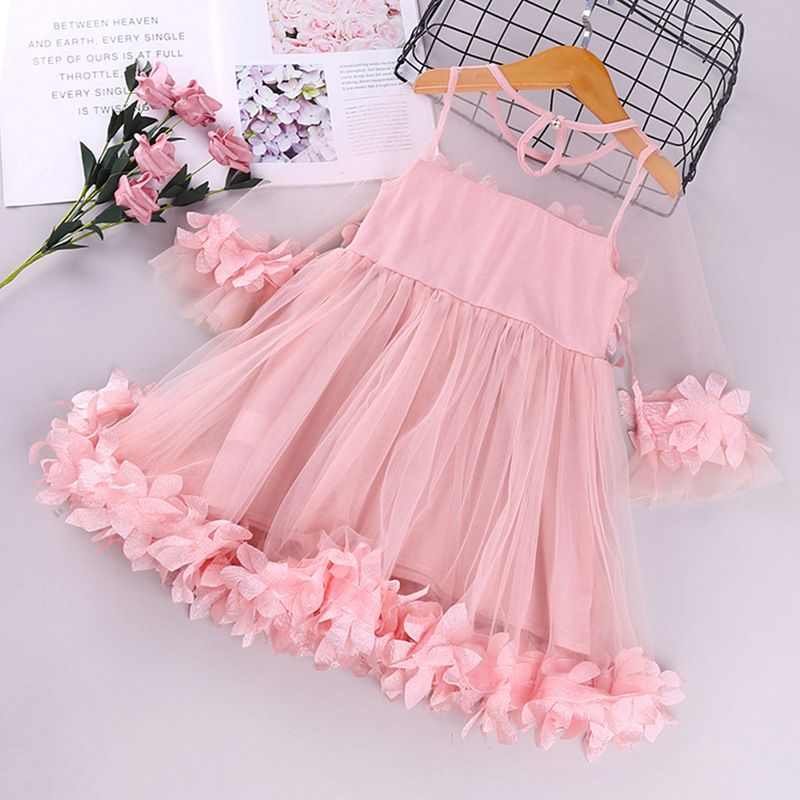 2022 Niñas de verano Ropa Vestido de manga larga Stereo Flores Diseño  Vestidos Malla infantil Ropa de mosaico de algodón Tamaño 80-120 cm