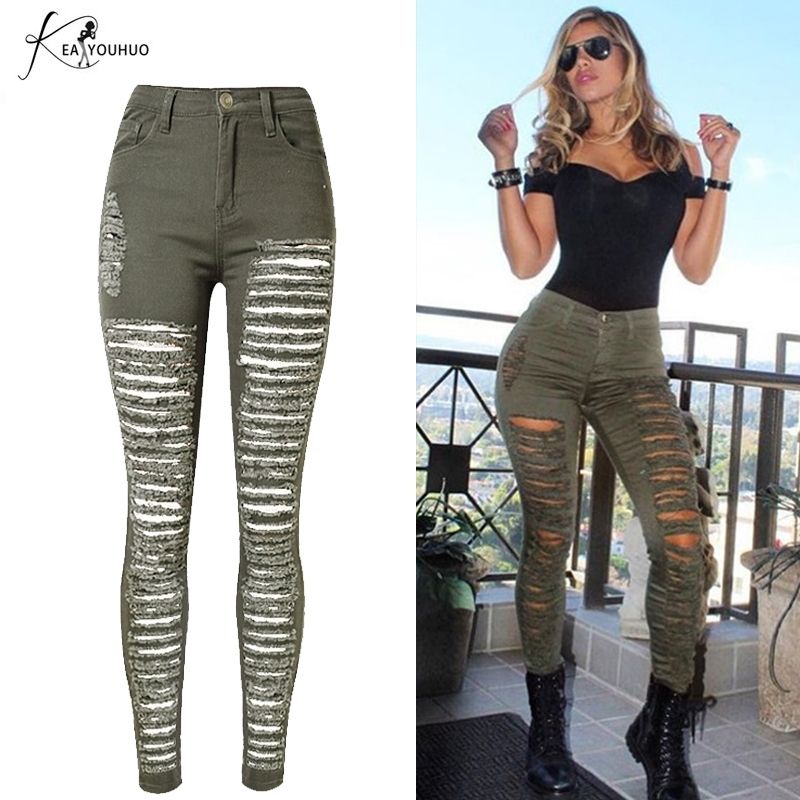 Winter High Waist Ripped Jeans Denim Jeans Green Army Military