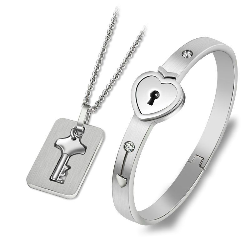 Heißer Valentinstag Geschenk ein paar Schmuck Sets Edelstahl Liebe Herz Schloss Armbänder Armreifen Schlüssel Anhänger Halskette Paare