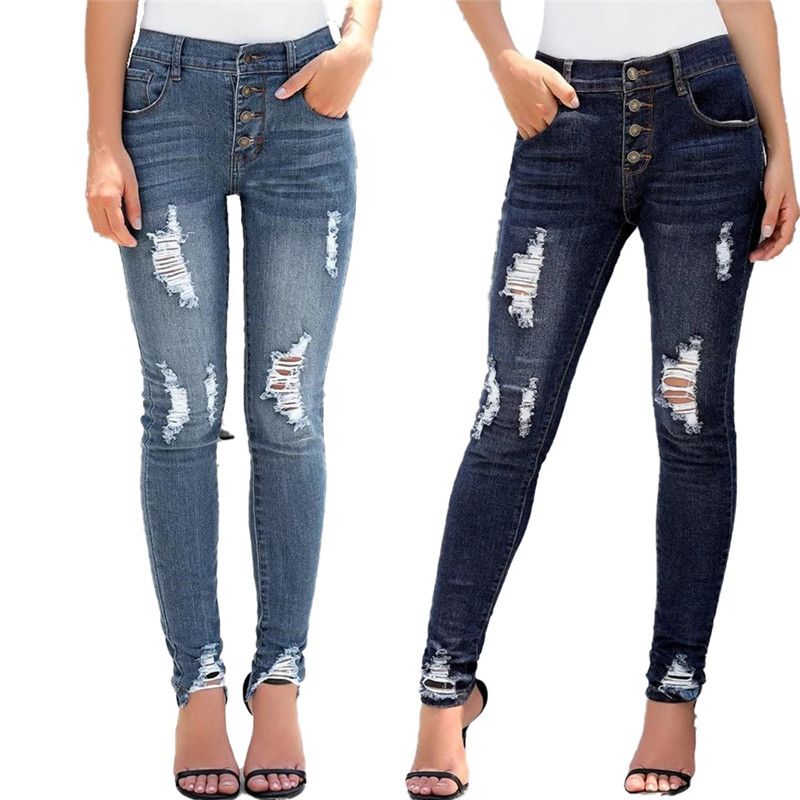Molesto Dedicación cáscara Jeans rotos de cintura alta para mujer Botón para mujer Fly High Street  Estiramiento Denim Lápiz
