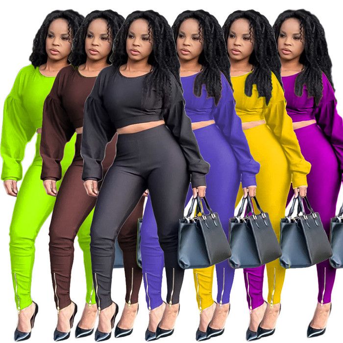 Сплошные цвета из двух частей Брюки женские конструктора Puff рукавом рубашки и тонкий карандаш брюки осень Повседневная мода женщин 2pcs Outfit Одежда
