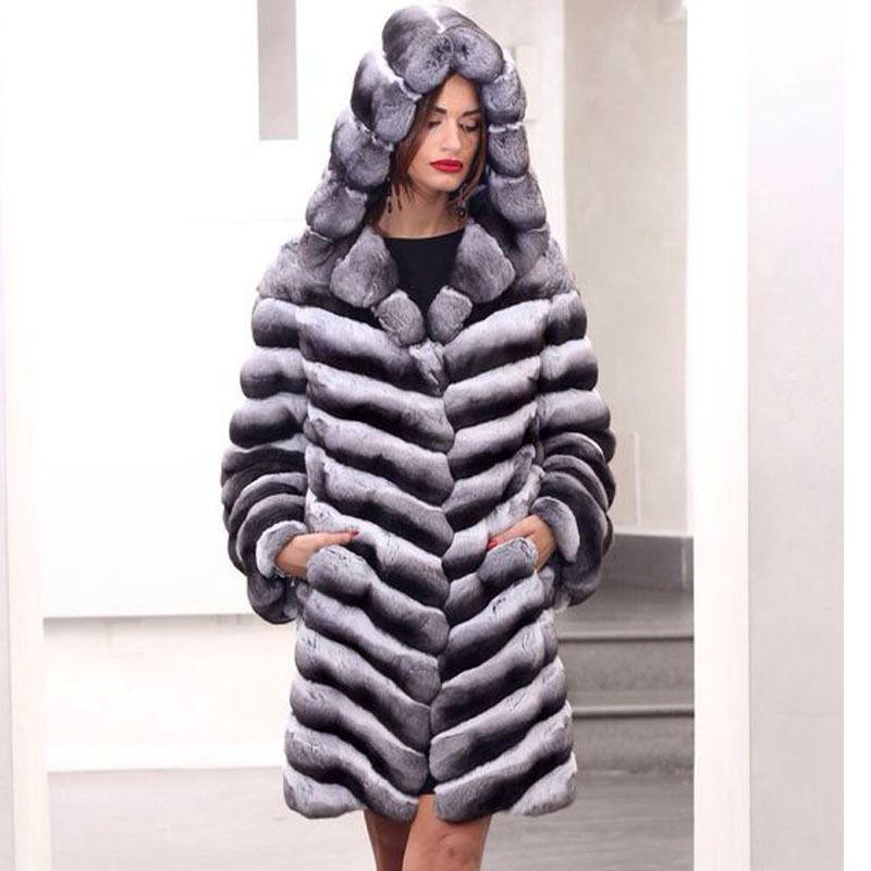 Women Chinchilla Real Rex Rabbit Fur Hooded Coat Full Pelt Warm Overcoat  Jackets