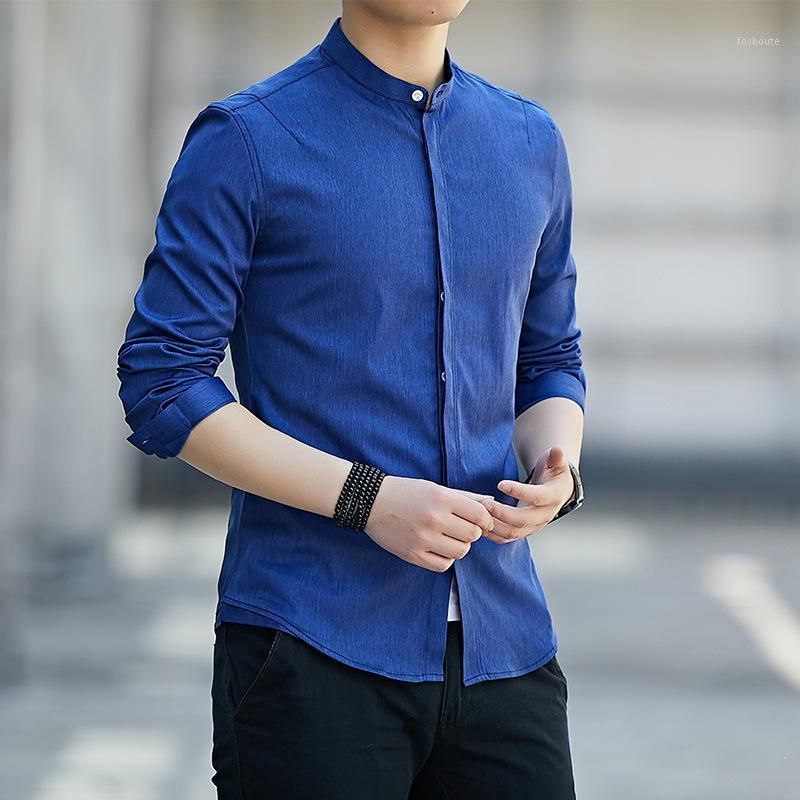 Camisas casuales para hombres Hombres Camisa azul oscuro Slim Fit de manga Male