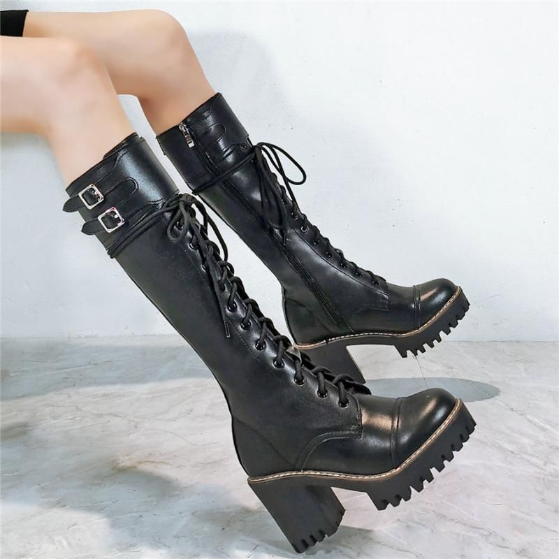 Womens Round Toe Punk Motorcycle Knee High Heels Boots Platform Lace up Shoes
